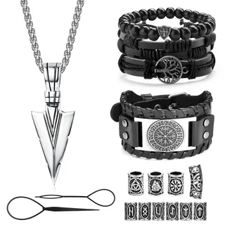 Adramata Wikinger Halskette für Herren Armband Set Thors Hammer Halskette Kette Wikinger Armbänder Wikinger Bartperlen Haarperlen Lederarmband Herren Perlenarmband Wikinger Geschenke Wikinger Schmuck