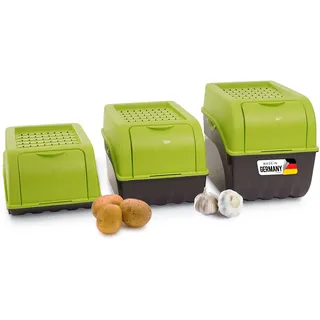 Novaliv Kartoffel Aufbewahrungsboxen Set | 3,5L + 5L + 9L | GRÜN | Kartoffelboxen | Gemüseboxen stapelbar Zwiebelboxen Kartoffelkörbe Obstbehälter Kartoffelkisten Frischhaltedosen