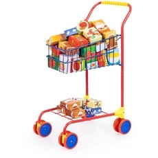 Bayer Design 75002AA Einkaufswagen Supermarkt Kinder, mit Spiellebensmittelkartons, Metall, integrierter Sitz, Kaufladenzubehör, bunt/Inhalt, Large