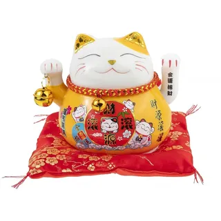 lachineuse - Figur Katze Maneki Neko – Glückssymbol – beweglicher Arm – traditioneller japanischer Glücksbringer – 10 x 12 x 10 cm – Porzellan, Gelb – Batterie LR03 nicht im Lieferumfang enthalten