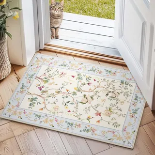 TOPICK waschbar Fußmatte innen Vintage Schmutzfangmatte 60x90 Beige | floral Eingangsteppich Cottagecore Kleiner Teppich Türmatte dünn Vorleger Teppich Eingang Fussmatte Tür Fußteppich Indoor