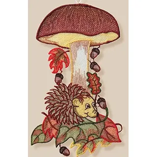 COMOYA Fensterbild 16x30 cm - Saugnapf - Plauener Stickerei Spitze Igel mit Pilz - Spitzenbild - Wanddekoration - Wohnzimmer - Herbst