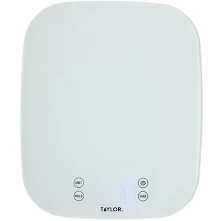 Taylor Pro, Digitale Küchenwaagen für Lebensmittel, Kompakter Professioneller Standard mit Präzisionsgenauigkeit, Wasserdichtem Design und Tara-Funktion, Weißes Glas, Wiegekapazität 14 kg bzw. 14 l