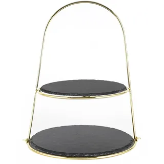 Echtwerk Etagere-/ Servier-Ablage für Gebäck, Obst, Käse und Dessert mit 2 Ebenen aus Naturschiefer und Bügelgriff, Gebäckständer, Ø Schieferplatten ca. 25/30 cm, Gold-Edition