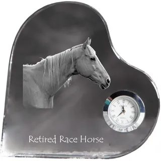 Rennpferd im Ruhestand - Kristalluhr mit einem Pferdebild, Herzregal-Uhr, personalisierte Standuhr der Marke Art-Dog - Transparent