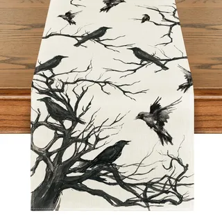 Artoid Mode Schwarz und Weiß Scherenschnitt Raben Baum Halloween Tischläufer, Küche Tisch Dekoration Drinnen Urlaub Party Dekor 40x100 cm