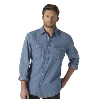 Wrangler Herren Westernhemd mit Langen Ärmeln, Druckknopfverschluss, Gewaschene Oberfläche - Blau - Mittel