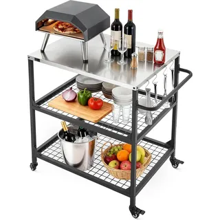Grillwagen - Grilltisch Servierwagen - 80 x 61 cm Tischplatte - Rollbar mit 4 Rädern - Seitlicher Griff - 2 Gitterablagen - Für Garten & Küche