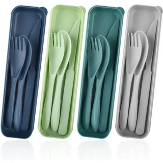 Besteck-Set,4 Kunststoff-Besteck mit Etui,Tragbare Reisebesteck-Sets aus Plastik,Camping-Besteck-Set Wiederverwendbares Messer Löffel Gabel Utensilien,Picknick Geschirr für Täglichen Gebrauch