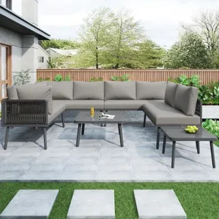 Weerbeständiges, U-förmiges Terras-Sitzmöbelset für 8 Personen, mit 2 Tischen und 4 Zweisitzer-Bänken, Kissen inklusive, aluminium