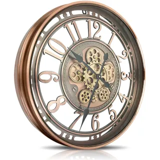 DORBOKER Wanduhr Groß mit Beweglichen Zahnrädern Moderne Industrial Steampunk XXL Vintage Retro Antike Metall Uhr für Küche Wohnzimmer Zuhause Bar Schule(70cm, Rotes Kupfer Arabische Ziffern)
