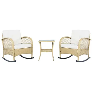 Okwish Balkonmöbel-Set 45/45/61 cm beige aus Rattan und Metall mit 2 Schaukelstühlen und Glastisch , Beige , Gartenmöbel, Gartengarnituren, Gartenmöbel-Sets