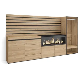 Skraut Home | Sideboard, Kommode | Aufbewahrungsschrank | 274x145x35 cm | Für Schlafzimmer, Zimmer | Elektrokamin XXL | Kommode mit Schubladen | Offener Kleiderschrank | Moderner Stil | Eiche