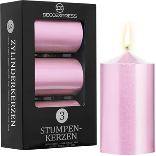 DECO EXPRESS Stumpenkerzen Set, 3er-Pack Metallic Kerzen, Lange Brenndauer 30 Stunden, Geruchslos & Rußarm, Deko Kerzen für Weihnachten, Adventskranz & Besondere Anlässe' (Rose Gold - 3er-Pack)