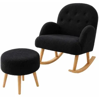 Hanah Home Elegantes Ohrensessel- und Hocker-Set (2-teilig), Schwarz | 100% melaminbeschichteter, weicher Stoff, Beine aus Eschenholz | Moderner Komfort