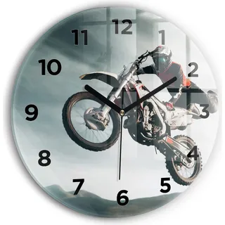 Wallfluent Wanduhr – Stilles Quarzuhrwerk - Uhr Dekoration Wohnzimmer Schlafzimmer Küche - Zifferblatt - schwarze Zeiger - 30 cm - Motorrad im Adrenalin-Stil - Grau
