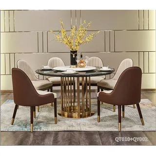 Edelstahl Möbel Esstisch Rund Essgarnitur Essgruppe Esszimmer Tisch + 6 Stühle - Schwarz