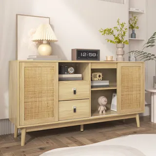 MODFU Sideboard mit 3 Rattan Türen und 2 Schubladen, Schrank Buffetfür Wohnzimmer, Schlafzimmer, Kinderzimmer, Jugendzimmer und Büro, Holzfarbe - Braun