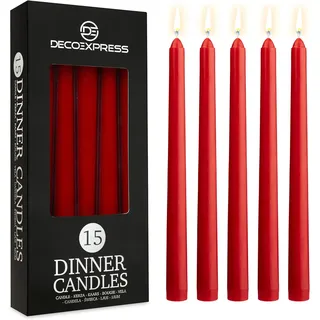 DECO EXPRESS Stabkerzen Set 6er, 10, 15 oder 50er, Lange Brenndauer bis zu 8 Std, Geruchslos(Rot, 15-er Set)