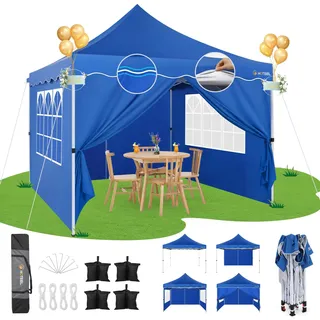 HOTEEL Faltpavillon 3x3 Wasserdicht Stabil Pop Up Pavillon Klappbar 3x3m Winterfest Partyzelt, mit 4 Seitenwänden, 4 Sandsäcken, 4 Seilen, 4 Heringen, Verdickte 0,6mm Randstange, 310cm Hoch, Blau