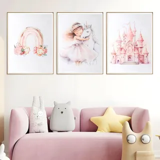 FENGQQKJ Bilder Kinderzimmer Mädchen, 3-Teiliges Rosa Poster 30x40cm, Prinzessin Einhorn Schloss Regenbogen Mädchen Deko, für Kinderzimmer Bilder, Wanddeko(Ohne Rahmen)