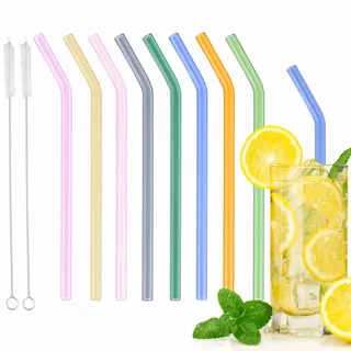 Glas Strohhalm, 8mm Breiter Glasstrohhalme Lang, Trinkhalme Wiederverwendbar, Glas Trinkhalme mit 2 Reinigungsbürsten, für Cocktail Gläser, Bubble Tea, Smoothie und Säfte