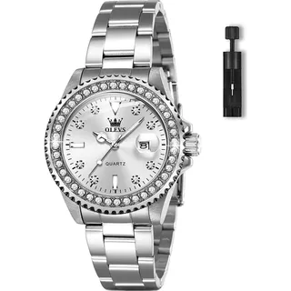 Uhr Edelstahl, Eleagnt Diamant Damenuhr mit Datum, Wasserdicht Armbanduhr Damen Kleines Zifferblatt, Mode Quarzuhr Geschenke für Frauen