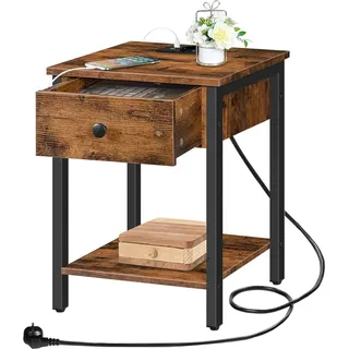 Nachttisch mit Ladestation, USB-Anschlüssen, Schublade, Ablage - Vintagebraun-Schwarz - Schwarz
