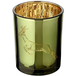 Edzard Windlicht Sammy (Höhe 13 cm) Motiv Hirsch laufend, außen grün/innen Gold, Teelichthalter, Teelichtglas