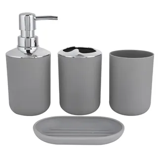 4-teiliges Badezimmer-Zubehör-Set Grau mit Seifenspender, Seifenschale, Zahnbürstenhalter, Zahnputzbecher - Grau