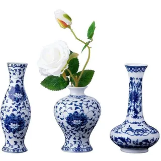 Set mit 3 kleinen blauen und weißen Porzellanvasen, Fambe Glaze Porzellanvasen, 3er-Set, Klassische Keramik-Blumenvasen für Heimdekoration
