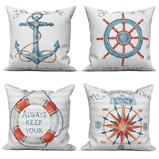 ASDCXZ Maritim Kissenbezug 50x50 cm 4er Set, Rot Blau Anker Kompass Segelboote Weiß Sofa Dekokissen Kissenbezüge Kissenhülle Waschbar Polyester Flachs Textil Outdoor Kopfkissenbezug Kissen Bezug