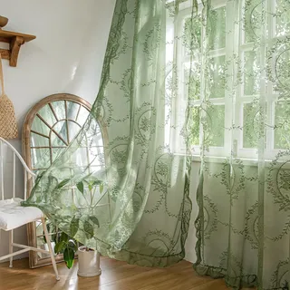 Sutuo Home Olivgrüne Spitzenvorhänge, durchscheinende Paneele, 160 cm Länge, Rosen-Blumenstickerei, Vintage-Rüschen, Fensterbehandlung, 1 Paar für Schlafzimmer, Wohnzimmer, schicke Dekoration