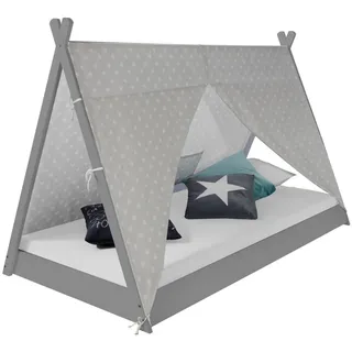 Homestyle4u Kinderbett Hausbett 90 x 200 cm Kiefer massiv grau
