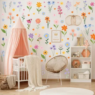 Mulaibdin Wandtattoo Kinderzimmer Blumen, Wandsticker Kinderzimmer Mädchen, Blumenwiese Wandtattoo Kinder, Wandaufkleber Kinderzimmer für Babyzimmer Deko, Blumen Sticker Wand