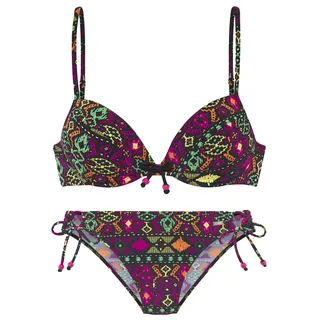 Push-Up-Bikini BUFFALO, Damen, Gr. 36, Cup B, bunt (schwarz bedruckt), Microfaser, Ethnomuster, bedruckt, Bikini-Sets Push-Up-Bikini, farbenfroher Ethnodruck