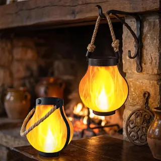 Gresonic 2er Solar Flammenlaternen Außen Großformat 17cm, 28LED Hängelaterne mit Realistischem Flammeneffekt, IP65 Wasserdicht, Automatische Dämmerung, Große Solarleuchten für Garten Terrasse Patio