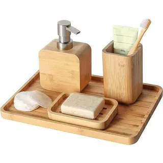 Bamboo-Accessoireset für Dusche und Bad, 4-teiliges Set, Seifenhalter, Seifen- und Lotionspender, Mundwasserbecher, Spülbecher, Organizer-Box