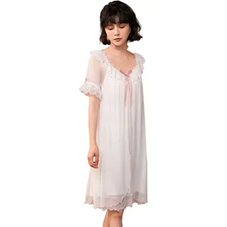 YAROVA Damen Nachthemden - Damen Nachthemden Vintage Lace Mesh Nachtkleid Retro Nachtwäsche Elegante Nachtwäsche Sommer Kurzarm Einfache Heimkleidung Loungewear