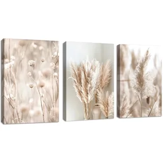 3 Teilig Modern Beige Pampasgras Bilder Set, Aesthetic Boho Wanddeko Wandbilder mit Rahmen, Modern bild auf Leinwand Wandkunst Kunstdruck Deko für Wohnzimmer Schlafzimmer Küche Esszimmer 30x40x3