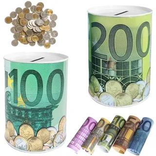 Snowtain 2 Stück Euro Scheine Metall Spardosen,100/200 Euro Geldspardose aus Metall,Deko Geschenkidee/XXL Spardose Geschenke für Kinder(7.5×11cm)