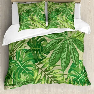 ABAKUHAUS Grünes Blatt Bettbezug, Frischer Dschungel Aloha, Milbensicher Allergiker geeignet mit Kissenbezügen, 200 cm x 200 cm - 80 x 80 cm, Apfelgrün Farn-Grün - Grün