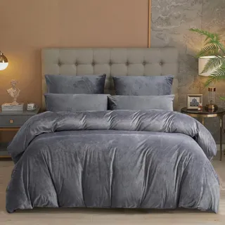 Damier Winter Bettwäsche 220x240cm Grau Dunkelgrau Plüsch Warme Bettwäsche Set 3 Teilig Cashmere Touch Bettbezug mit Reißverschluss und 2 x Kopfkissenbezug 80 x 80 cm