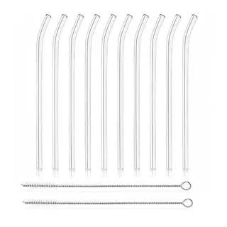 PMSSYPL 12 wiederverwendbare Trinkhalme und Bürsten aus Borosilikatglas, 17,8 cm x 8 mm, inklusive 10 Ellbogen und 2 Strohhalmbürsten, für Saft, Kaffee, Cocktails