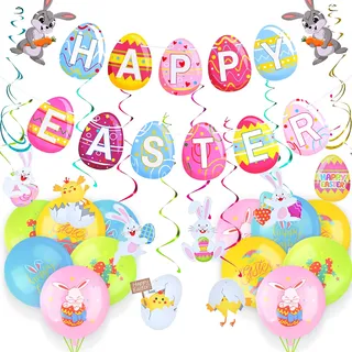 AhfuLife Osterdeko Banner, Ostern Deko, 1 Stück Frohe Ostern Banner Ostergirlande und 10 Stück Osterhase & Ostereier Spiral zum Aufhängen für Kinder Osterfeier Drinnen Draußen Garten Party Dekoration