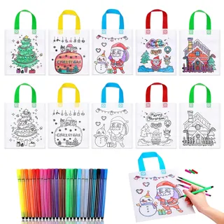 HOWAF 10 Weihnachten Stoffbeutel zum Bemalen, Weihnachtstüten Geschenktüten Weihnachts Tüten Non-Woven Taschen zum Bemalen & 24 Farbe Buntstifte für Basteln Weihnachten Kinder Party Favors Supplies, A