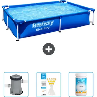 Bestway rechteckiger Steel Pro-Schwimmbecken – 221 x 150 x 43 cm – Blau – im Lieferumfang enthalten Pumpe - Teststreifen - Chlor
