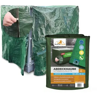 RAINEXO® Gitterbox & Paletten Abdeckhaube | Abdeckplane Grün + 2 Reißverschlüsse | 125 x 85 x 98 cm | Wasserdicht, Frost & UV-beständig