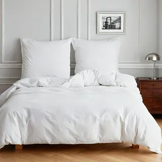 Simple&Opulence Halbleinen Bettwäsche 200x200,Hellgrau Atmungsaktiver Bettbezug Set aus Baumwolle und Leinen mit 80x80 cm Kissenbezug,Oeko-TEX Sommerbettwäsche,Weiß