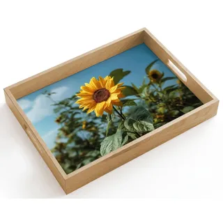OnlyWow© Tablett Serviertablett rutschfest Griff Küchentablett | 40x30 cm - Rechteckig - Servierplatte Eiche Holztablett Henkel Hitzebeständig Sonnenblumen - Strahlend blauer Himmel - Gras